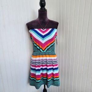 NWT Derek Heart Dress Women’s Colorful Pink White Stripped Sundress Tie Straps L